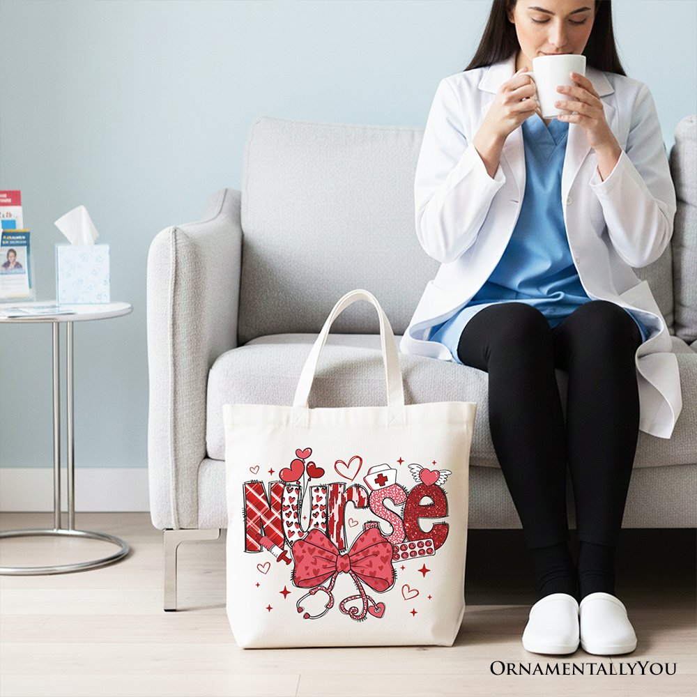 Valentine Nurse Coquette Bow Canvas Tote Bag, Cupid Favorite Nurse Work Shopper