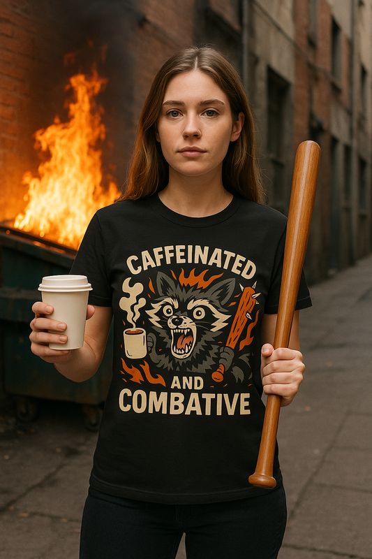 Caffeinated and Combative Tee, Funny Graphic T-Shirt, Coffee Lover Gift, Unisex Casual Wear, Birthday Present, Everyday Style