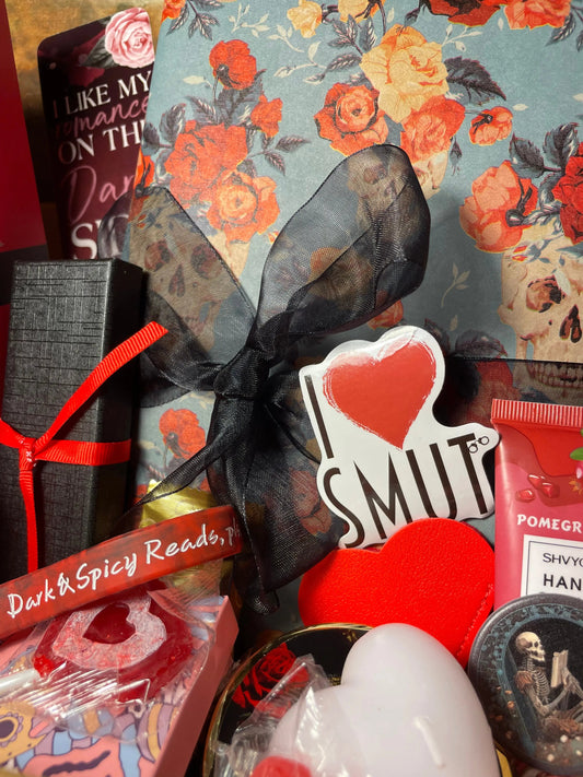 Luxe dark romance gift bundle - combines spa gift basket with dark romance book box