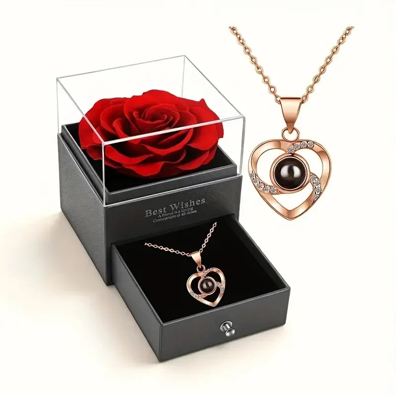 Eternal Red Rose Gift Box with Golden Heart Necklace - Anniversary, Valentine's Day,Mother'S Day , Christmas,Birthday Present