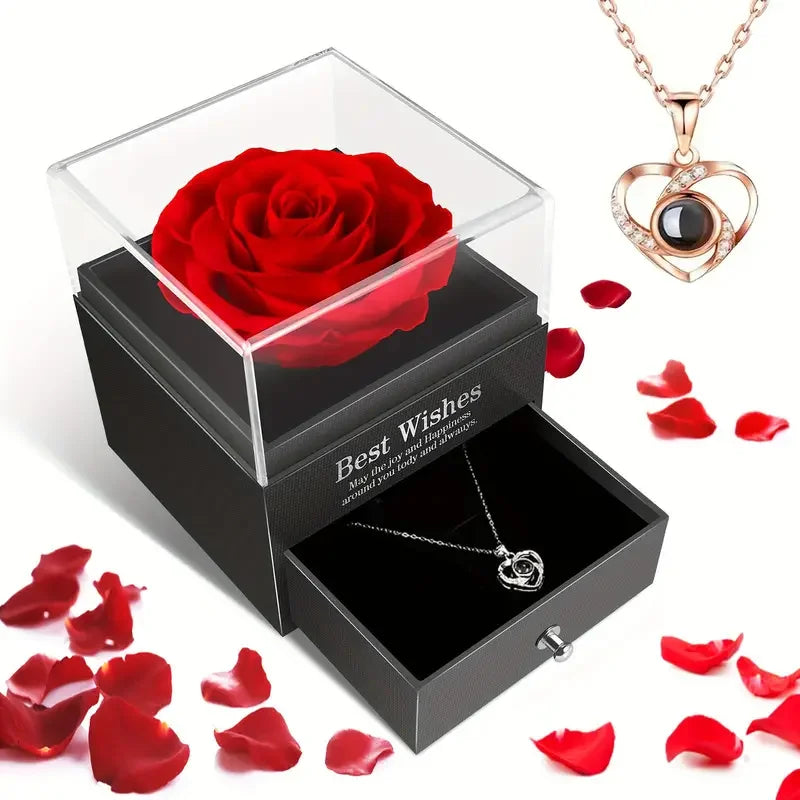 Eternal Red Rose Gift Box with Golden Heart Necklace - Anniversary, Valentine's Day,Mother'S Day , Christmas,Birthday Present